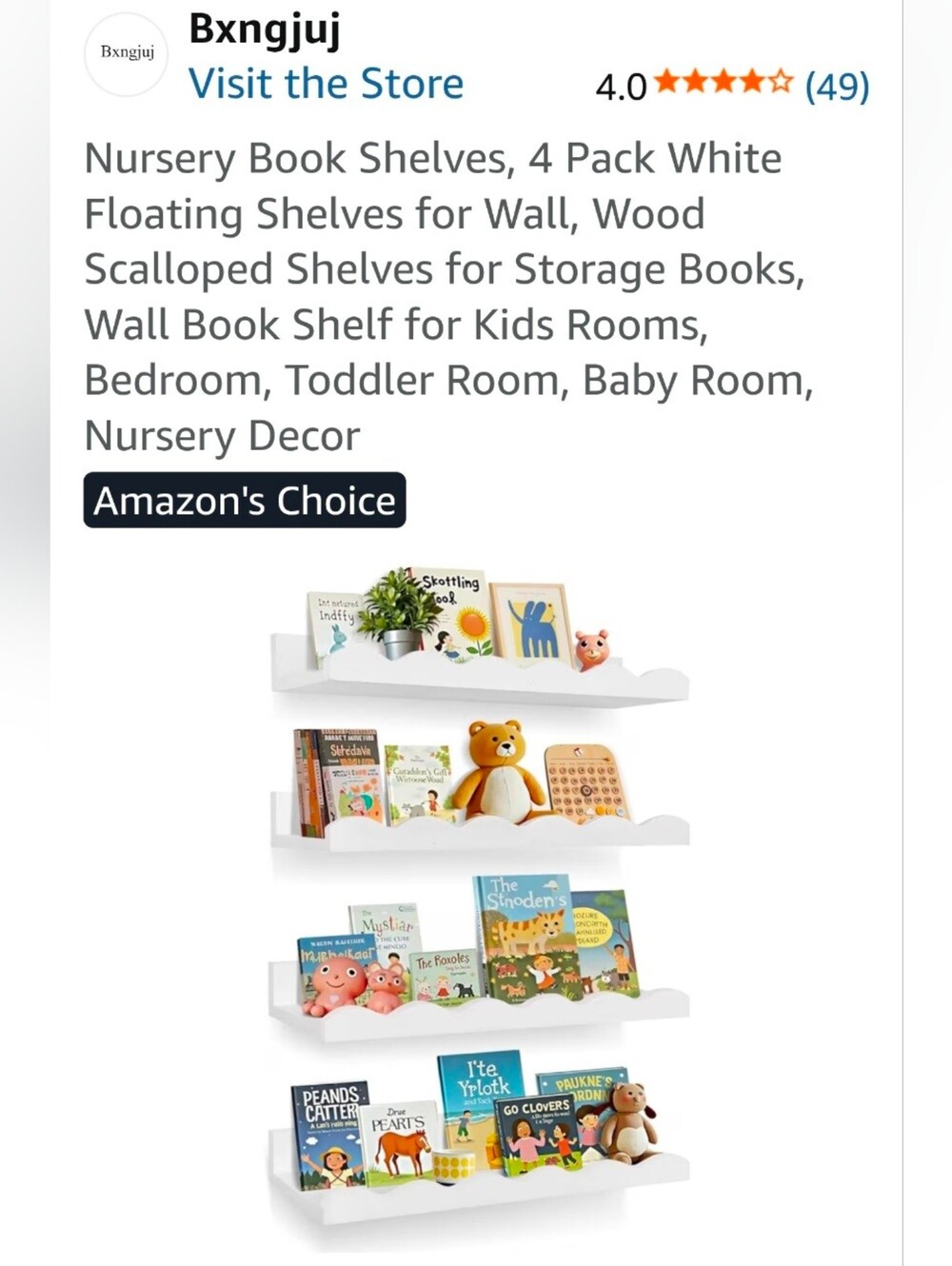 Nursery Book Shelves, 4 Pack White Floating Shelves for Wall, Wood Scalloped
